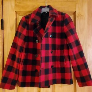 J.crew red buffalo check jacket peacoat